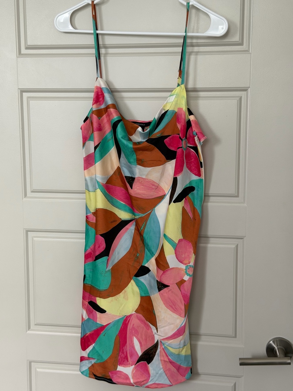 Forever 21 Abstract Floral Satin Cowl Neck Spaghetti Strap Slip Mini Dress M